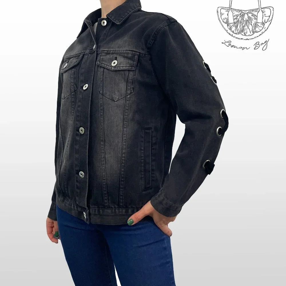 Love Tree / Jean Jacket Decor on the Back/ Black Grey / Size S - Picture 2 of 8